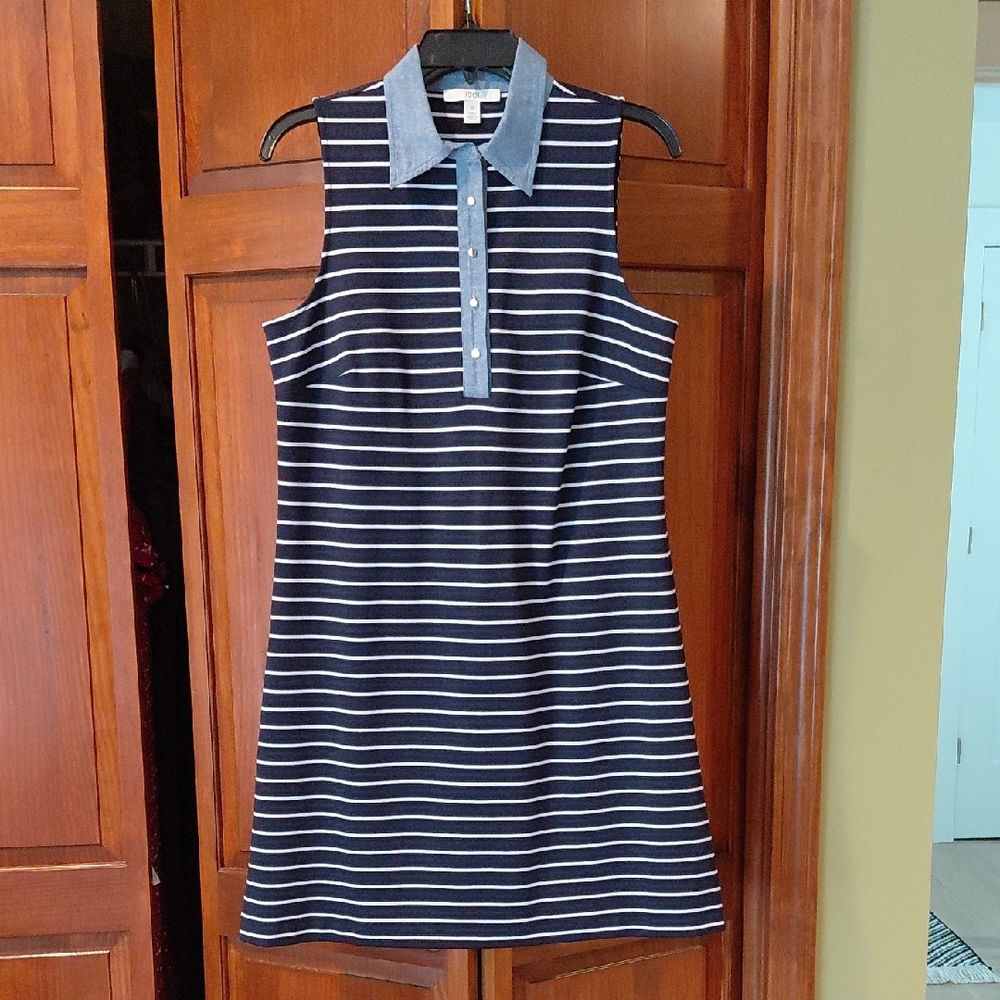 1901 Navy and White Striped Dress with Denim Collar